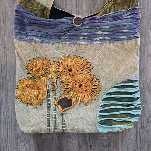 NWOT Boho Fabric Sunflower Embroidered Crossbody Bag - Picture 3 of 7